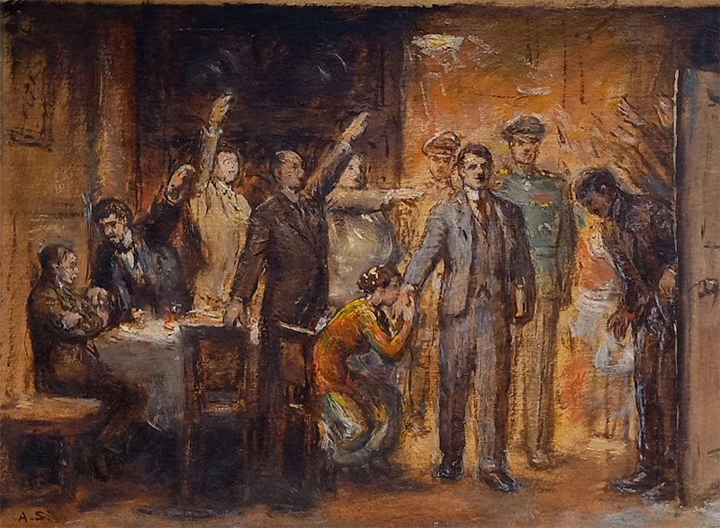 Alfred seduto con le braccia incrociate mentre altri salutano Hitler